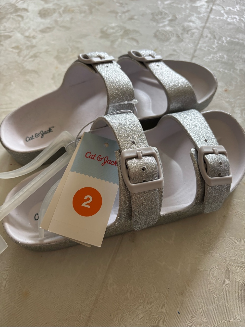 Cat & Jack Silver Glitter Double-Buckle Kids Sandals size 2